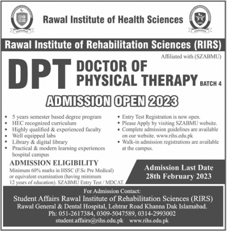 Rawal Institute of Health Sciences RIHS Islamabad Admission 2023 in DPT