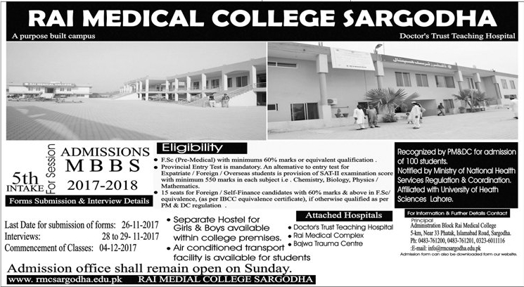 Rai Medical College Sargodha MBBS Admission 2017