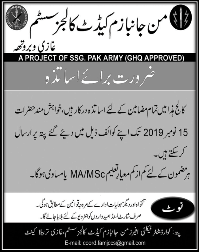 Jobs in Manjanbazam Cadet College Ghazi Barotha MJCC 2019