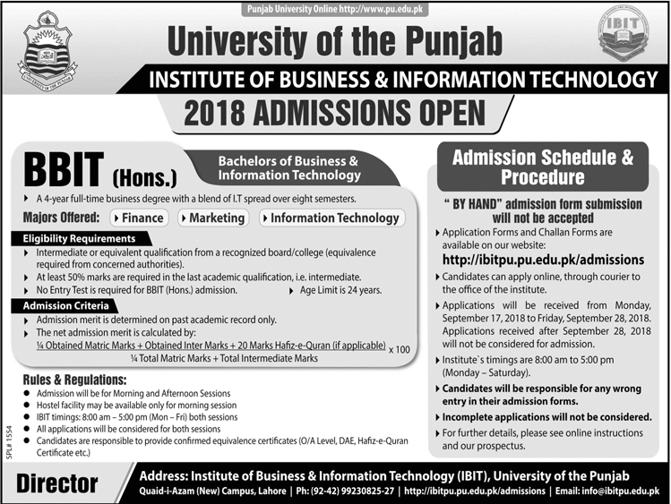 PU Lahore BBIT Admission 2018