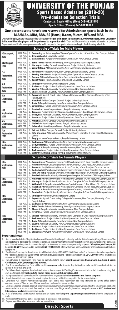 Punjab University Lahore Admission 2019 on Sports Basis