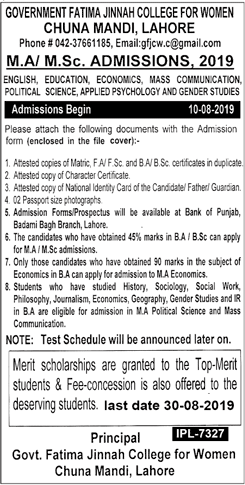 Govt Fatima Jinnah College Chuna Mandi LHR MA, MSc Admission 2019