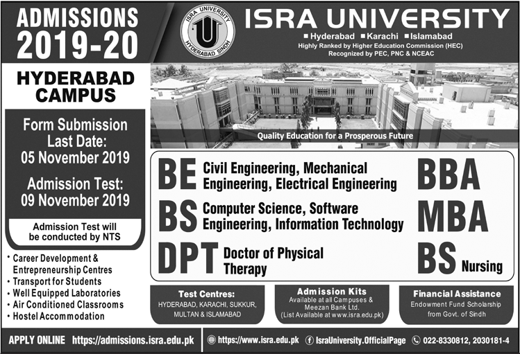 Isra University Admission 2019 in BE, DPT, BS, MBA & BBA