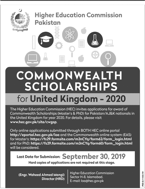 HEC Commonwealth Scholarship in UK 2020 (Masters & PhD)