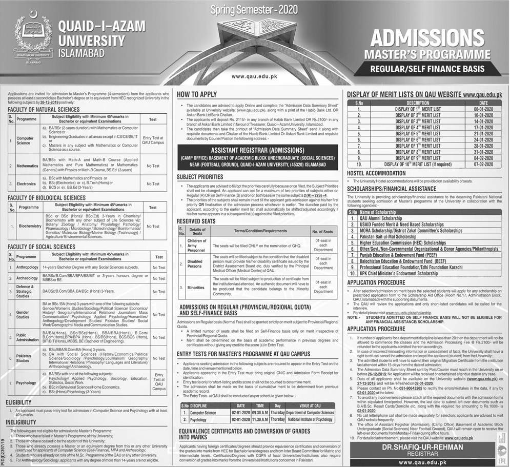 Quaid i Azam University Admission 2024 in Master Programs