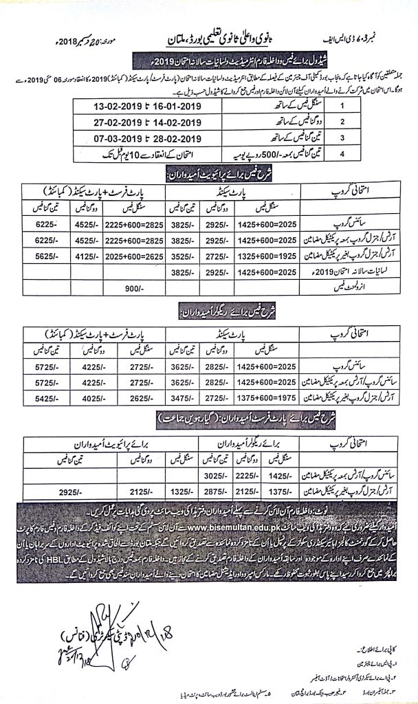 Bise Multan Board Intermediate Admission Form 2023 Fee Last Date