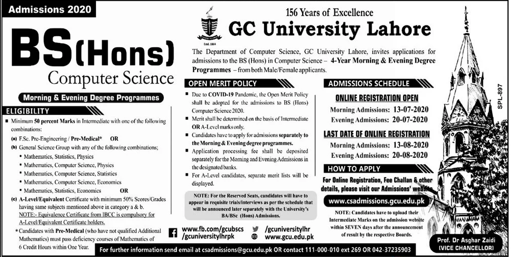 GC University Lahore BS (Hons) Admission 2020, Form, Last Date