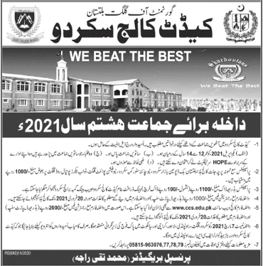 Cadet College Skardu 8th Class Admission 2021, Apply Online, Test Result