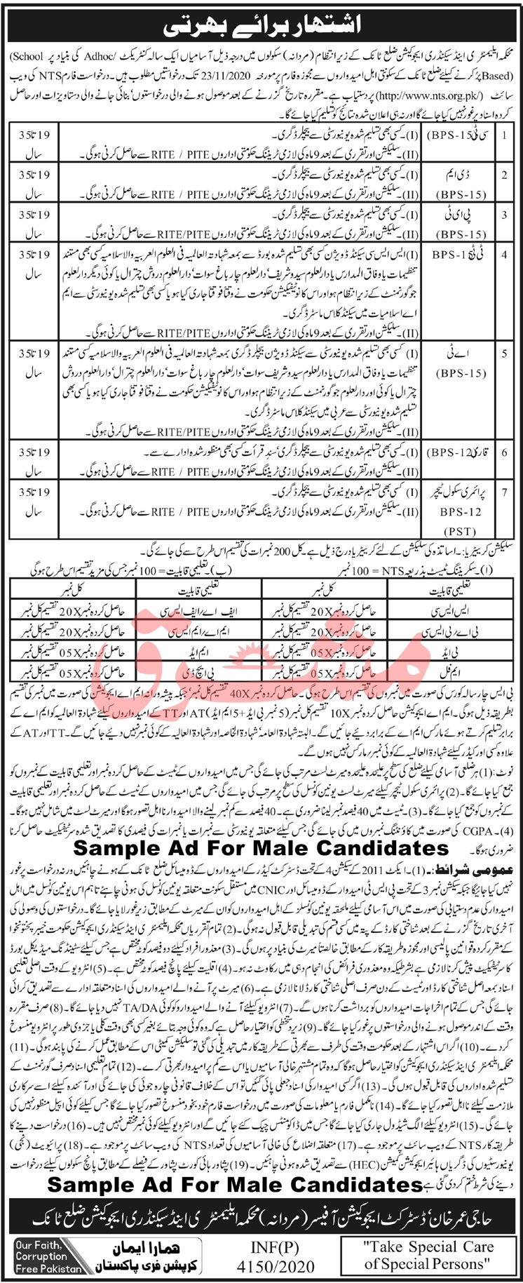 Latest CT, CT IT,DM, PET, ET. Qari, PST, AT, TT Jobs 2020 in Kpk For Males