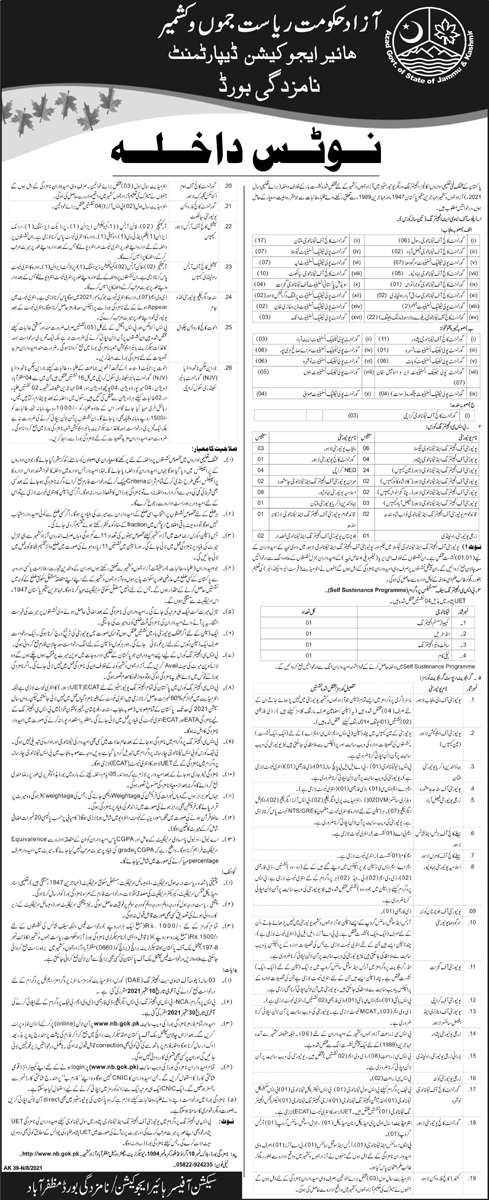 Admission 2021-22 of Kashmiri Students In Pakistani Institutes On AJK Quota