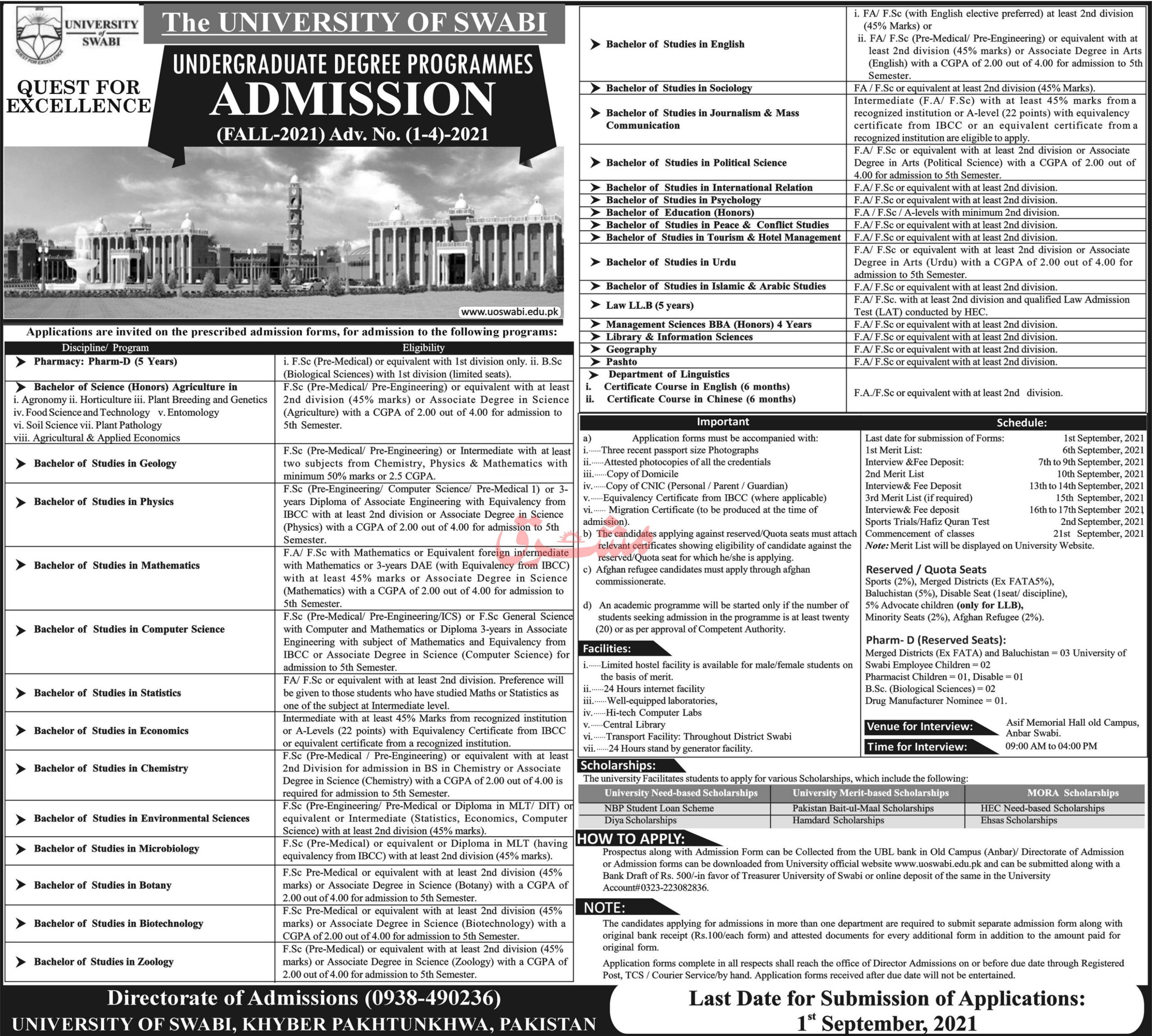 University of Swabi Undergraduate Admission 2021 Schedule, Apply Online