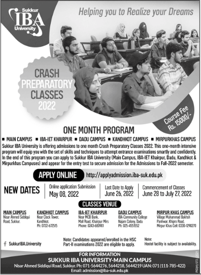 IBA Sukkur Admission 2022 in Crash Preparatory Classes