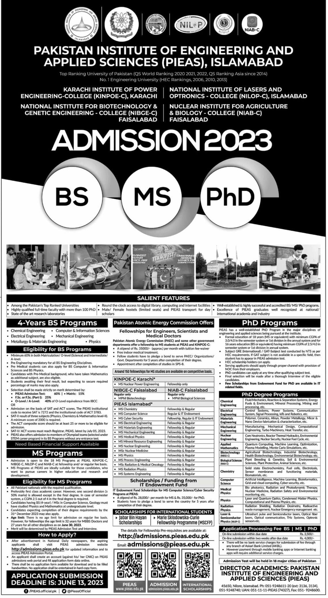 PIEAS Admission 2023, Scholarships, Form & Entry Test Result