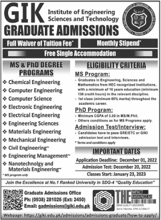 GIKI Admission in MS & PhD 2023 - Form & Entrance Test Result