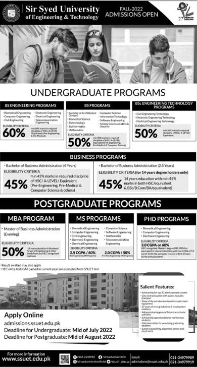 Sir Syed University Of Engineering SSUET Karachi Admission 2022