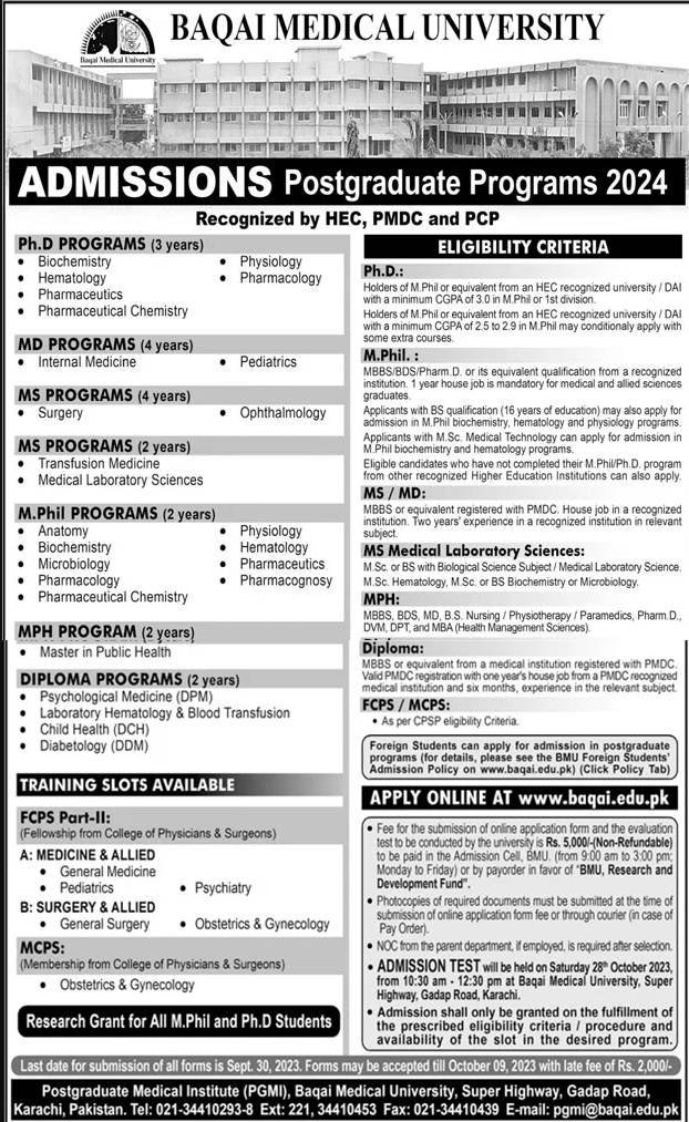 Baqai Medical University Postgraduate Admission 2024, Last Date