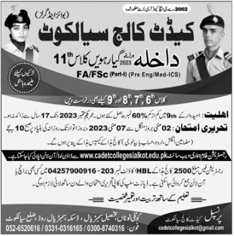 Cadet College Sialkot Inter 1st Year Admission 2023 Schedule, Apply Online, Test Result