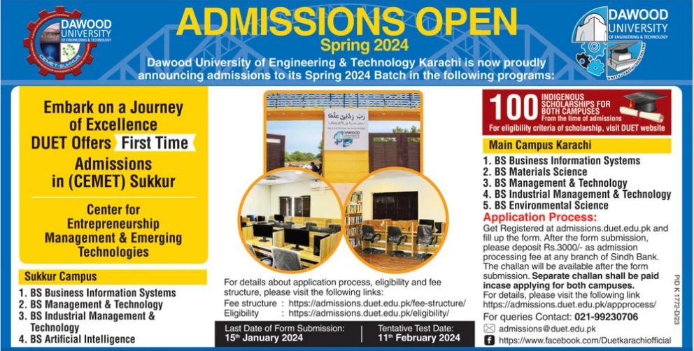 Dawood University of Engineering & Technology Karachi Admission 2024