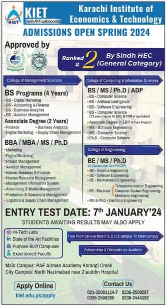 PAF KIET Karachi Admission 2024-Schedule, Programs & Eligibility