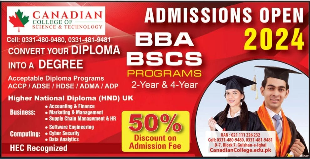 Canadian College of Science and Technology Karachi Admission 2024